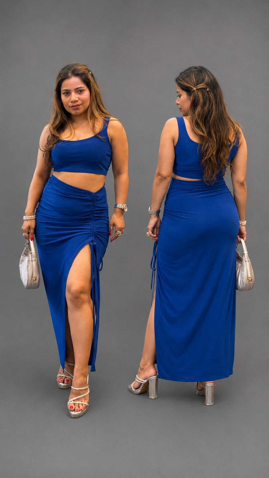 Blue Ruched Skirt Co-ord Set