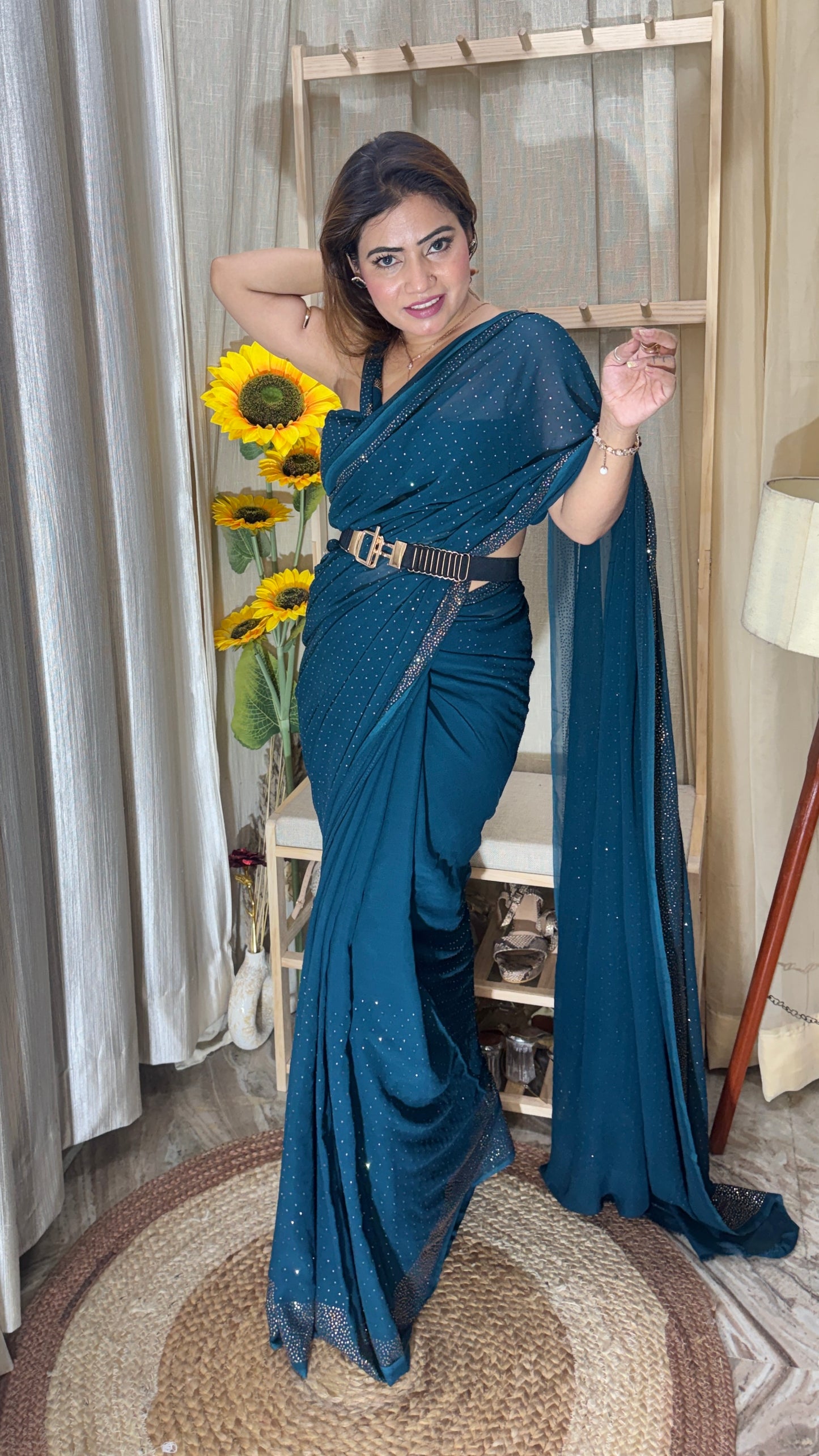 Teal Blue Sparkle Drape Saree