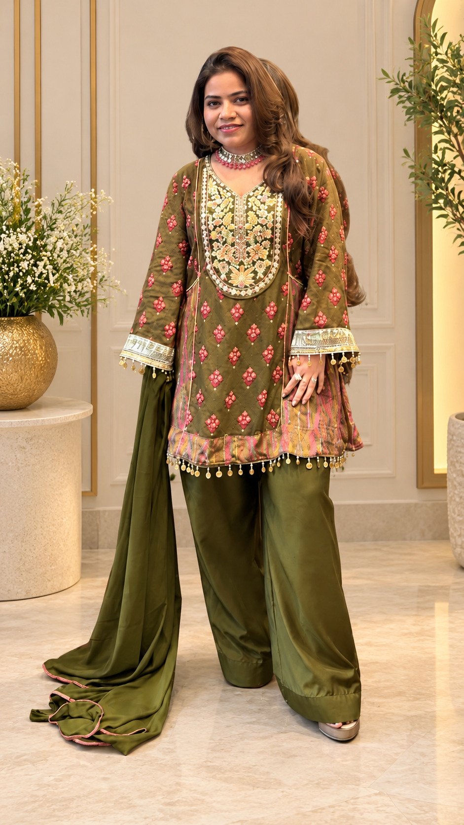 Olive Green Embroidered Crepe Jhoika Set