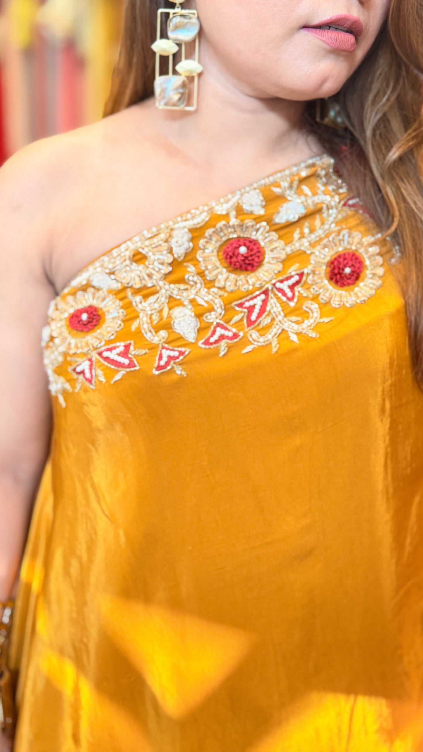 One-Shoulder Embroidered Draped Set | Blush Pink Sunset & Fuchsia Luxe Edit