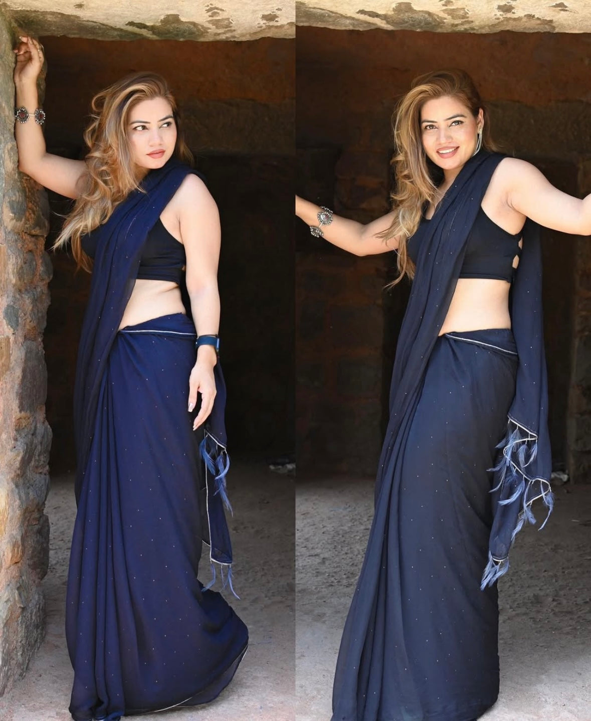 Black chiffon feather Saree with blouse PC