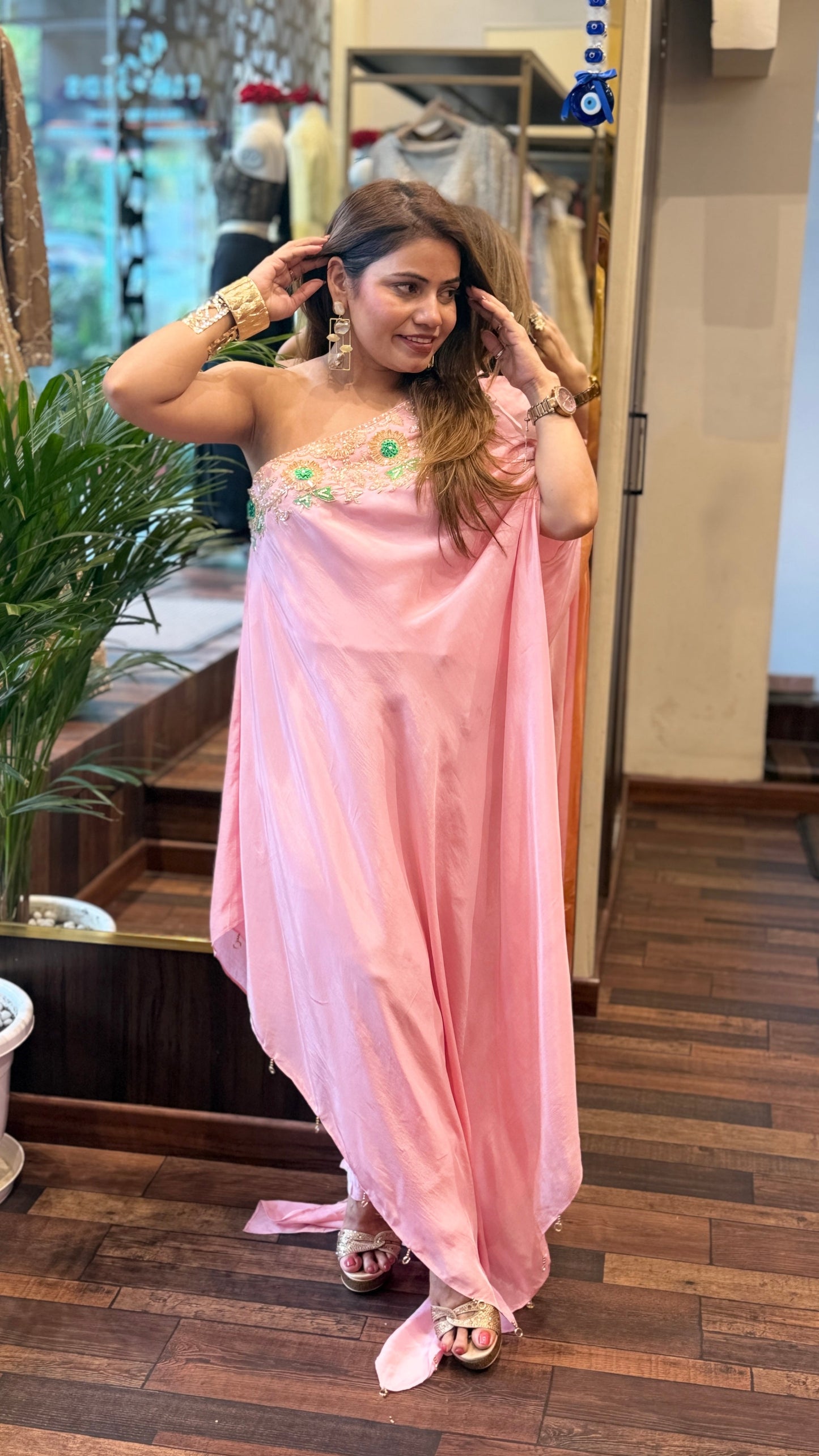 One-Shoulder Embroidered Draped Set | Blush Pink Sunset & Fuchsia Luxe Edit