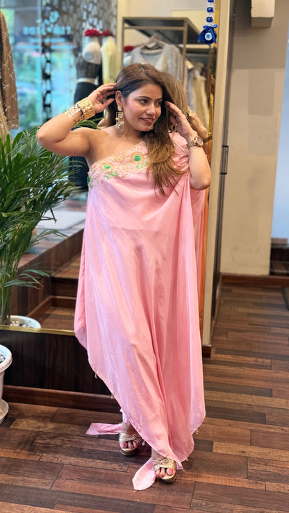 One-Shoulder Embroidered Draped Set | Blush Pink Sunset & Fuchsia Luxe Edit