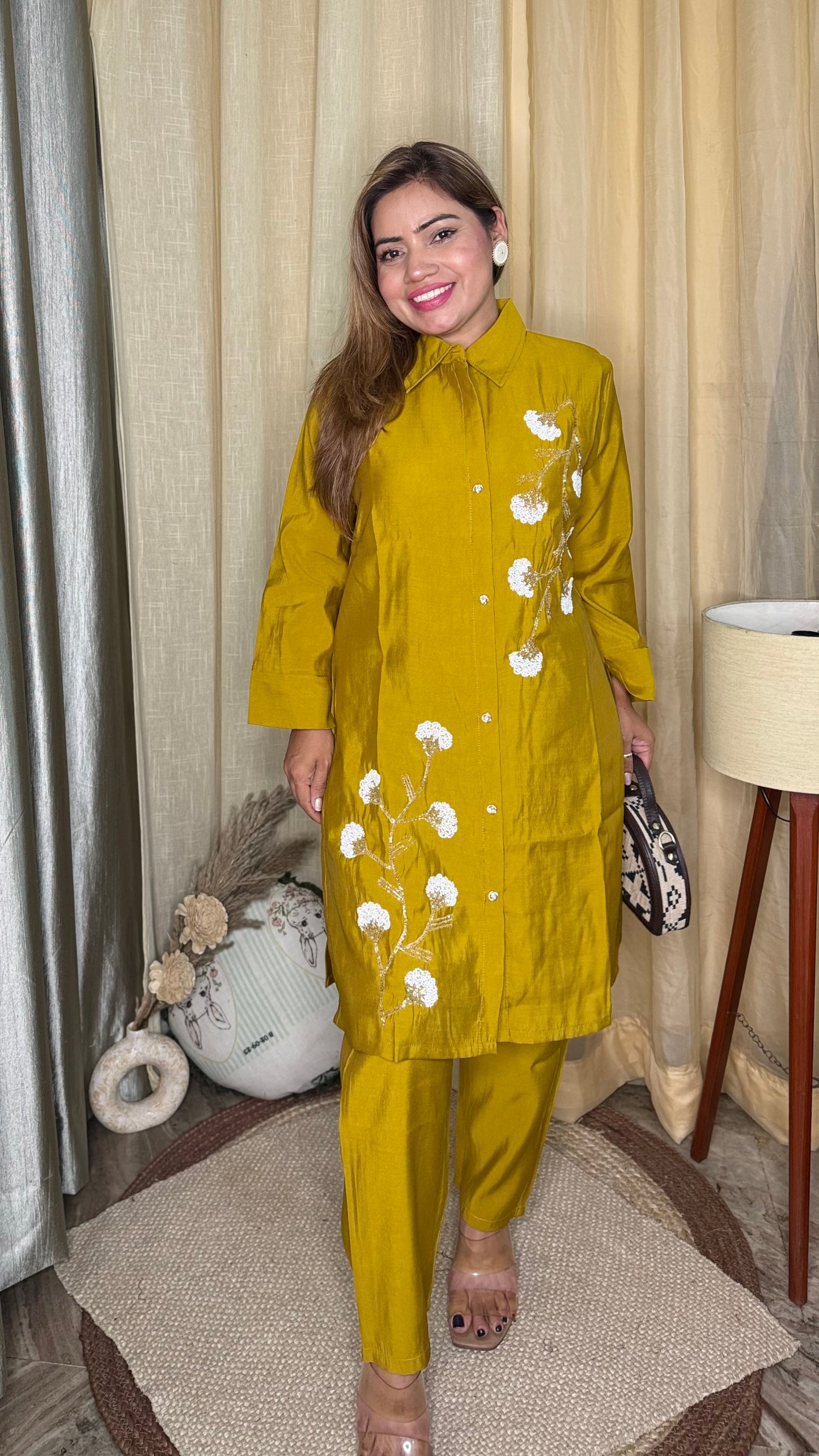 Rich mustard yellow 
Embroidered Kurta cord Set