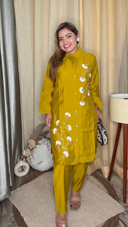 Rich mustard yellow 
Embroidered Kurta cord Set