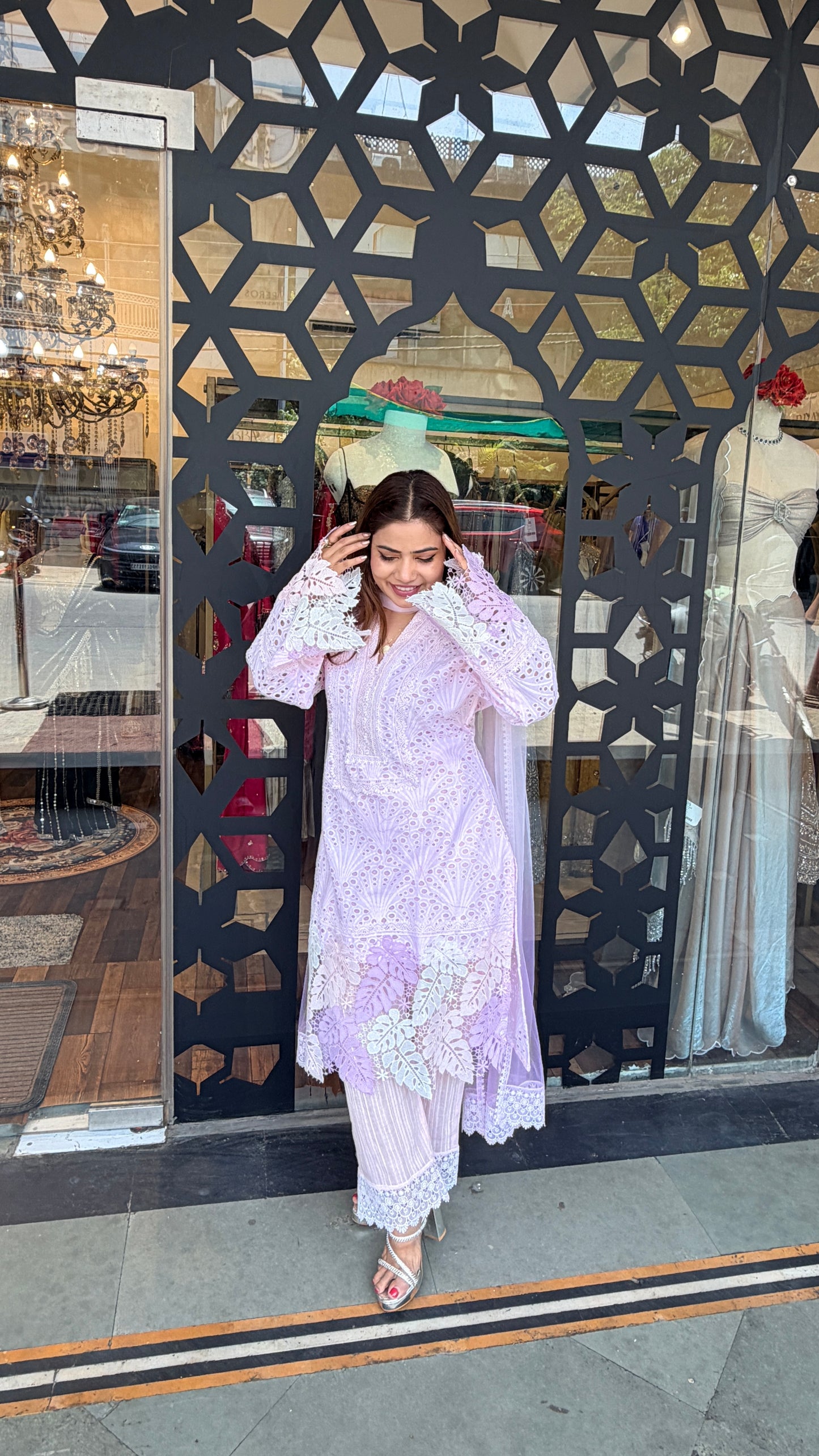 Blush Pink Chikankari Kurta Set with Lace Detail | Luxury Summer Ethnic Wear | Defence Colony Designer