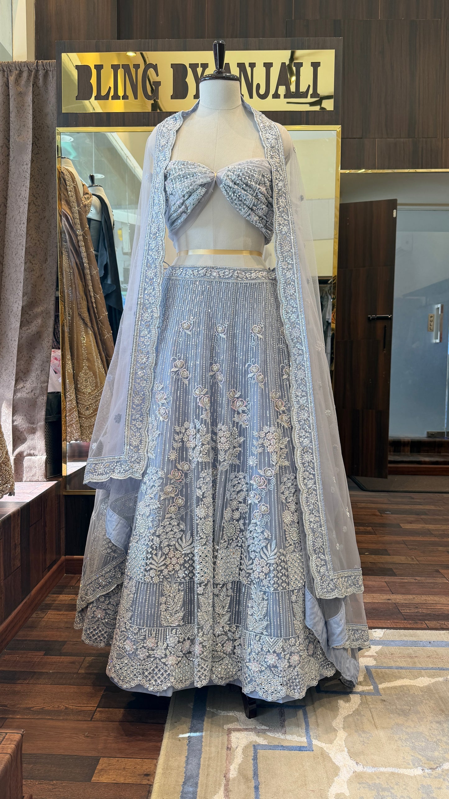 Ice Blue Hand Embroidered Lehenga Set with Dupatta | Luxury Bridal & Engagement Wear | Bling by Anjali
