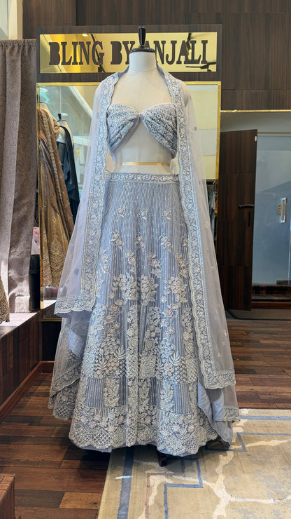 Ice Blue Hand Embroidered Lehenga Set with Dupatta | Luxury Bridal & Engagement Wear | Bling by Anjali