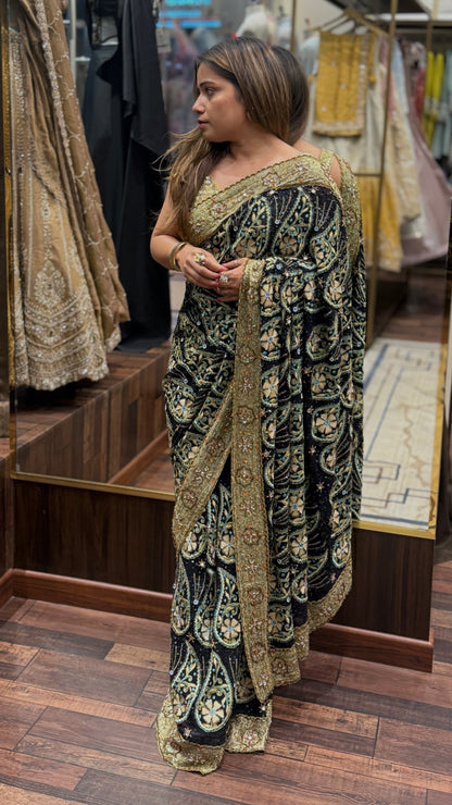 Heritage Black Resham Embroidered Saree with Tissue Border