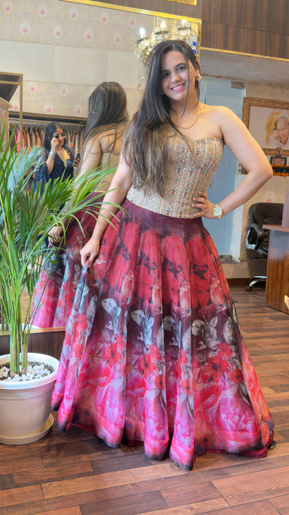 Embroidered Corset with Printed Organza Lehenga – 2-Piece Set