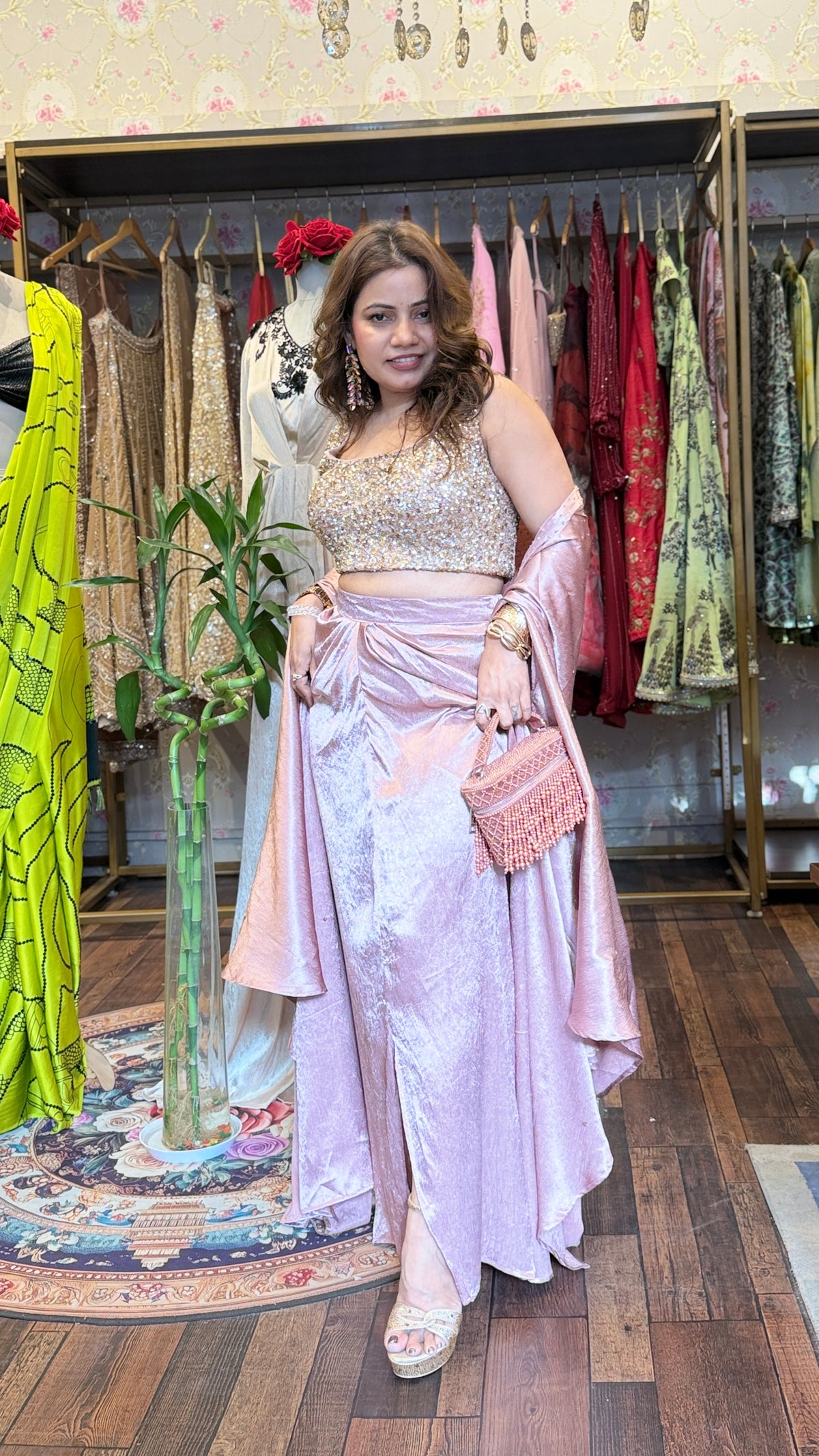 Hand-Embellished Satin Draped Skirt Set with Blouse & Cape