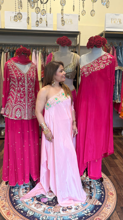 One-Shoulder Embroidered Draped Set | Blush Pink Sunset & Fuchsia Luxe Edit