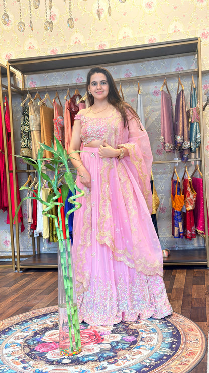 Blush Pink Hand-Embroidered Lehenga Set with Scalloped Dupatta