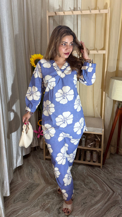 Blue Floral Co-ord Set with Relaxed Fit