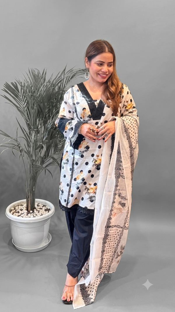 Black & White Floral Polka Kurta Set with Dupatta