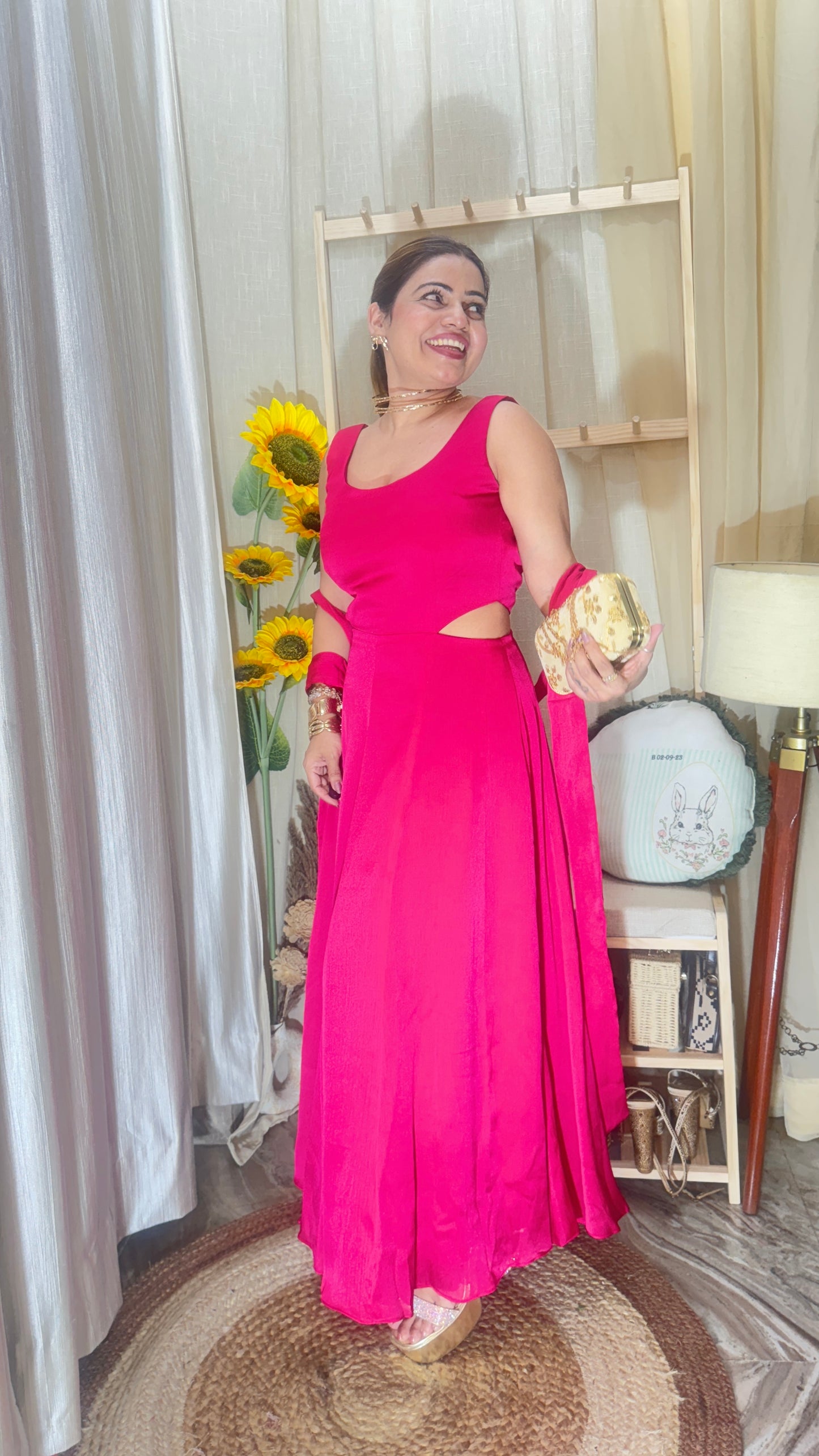 Hot Pink Flared Cut-Out Anarkali Dress