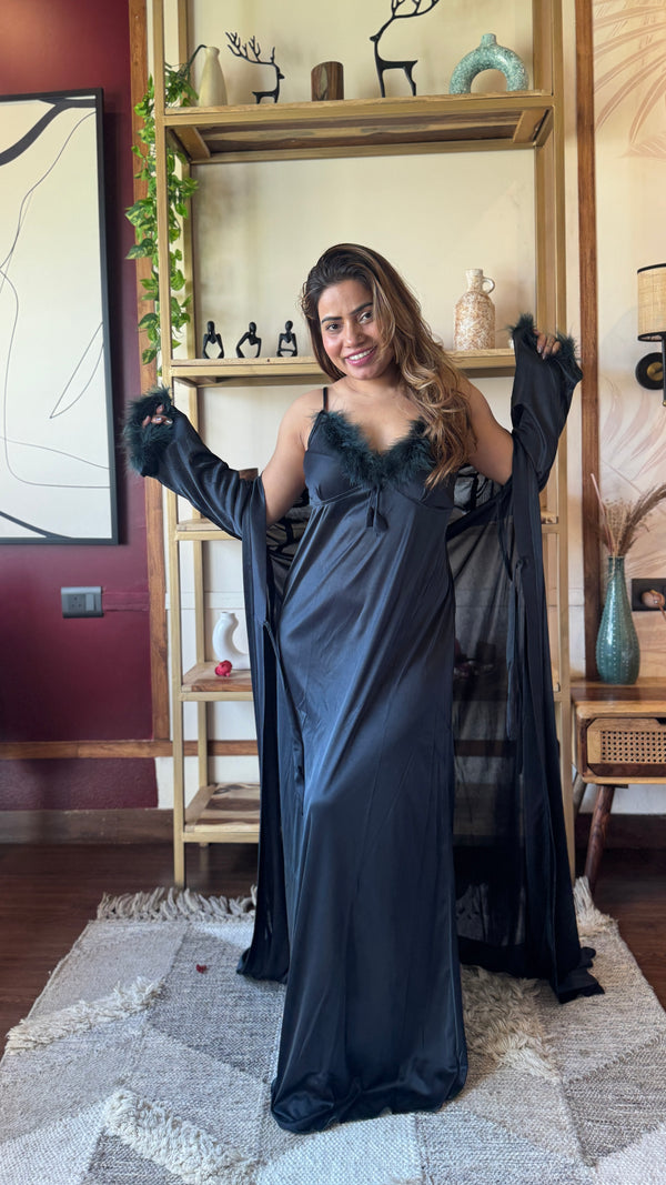 Feather Trim Satin Nightgown with Robe