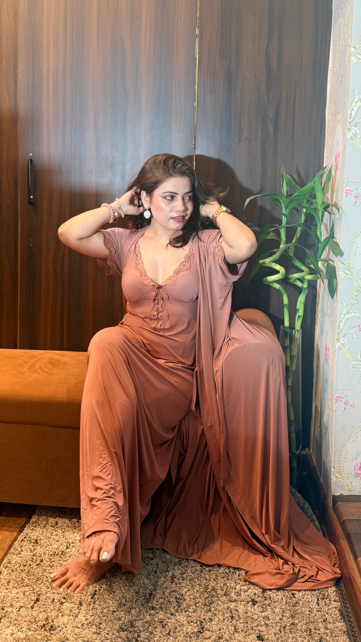 Bling by Anjali – Mocha Luxe Satin Nighty with Robe Set