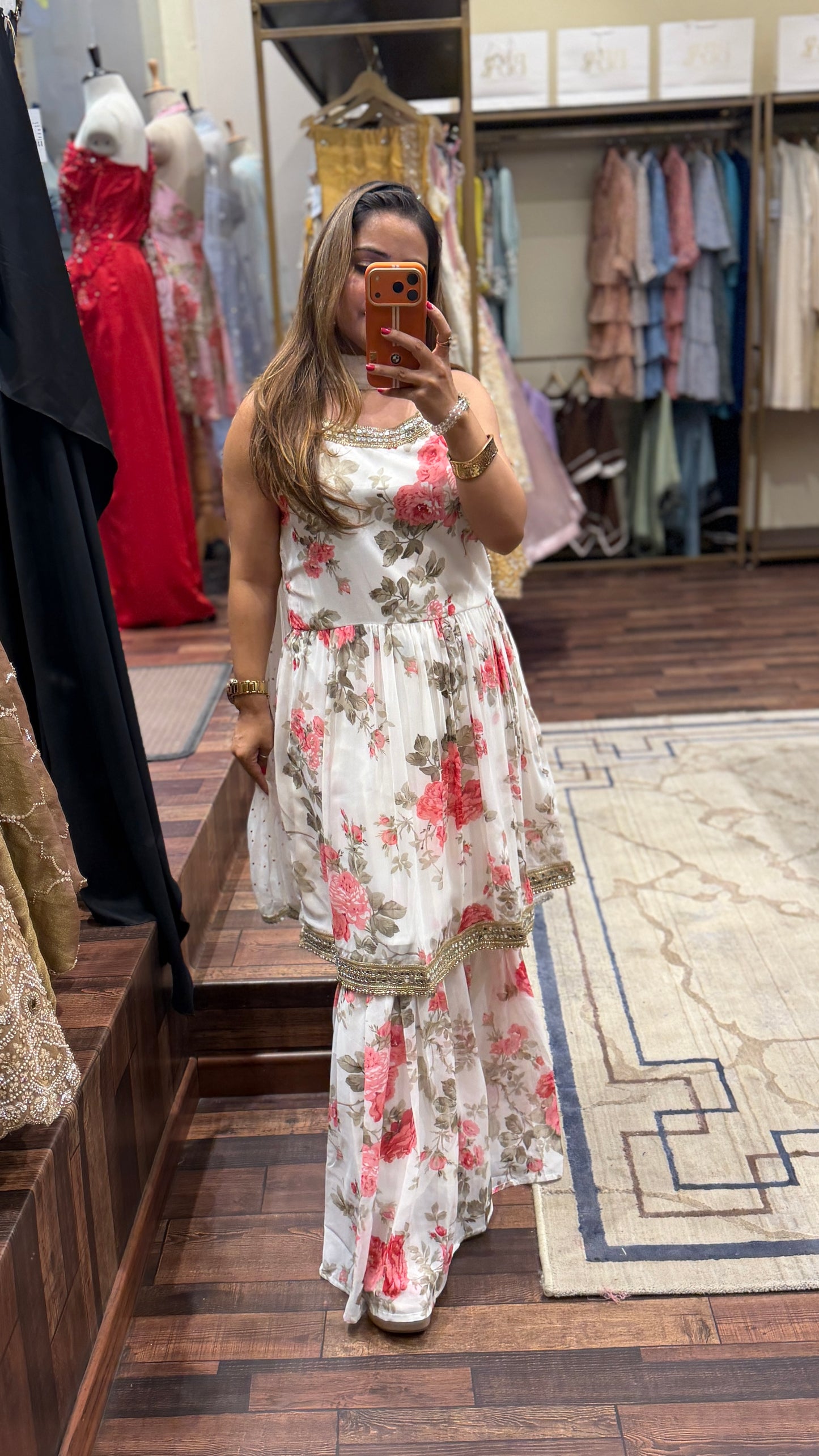 Floral Printed Sharara Suit Set with Gota Lace Detailing – Elegant Festive Wear