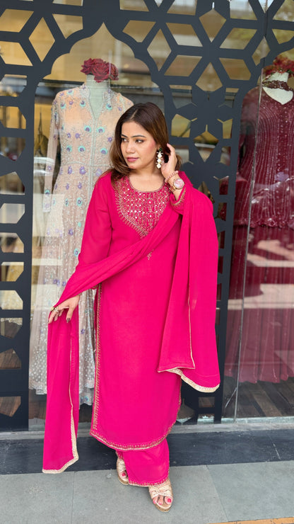 Cherry Red Embroidered Kurta Set with Dupatta