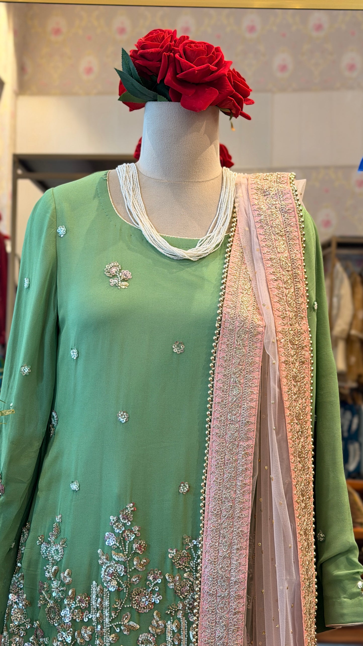 Sage Green Embroidered Sharara Set ￼
