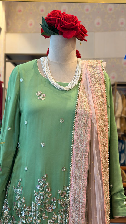 Sage Green Embroidered Sharara Set ￼