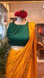 Mustard Chiffon Satin Saree with Green stylist Blouse