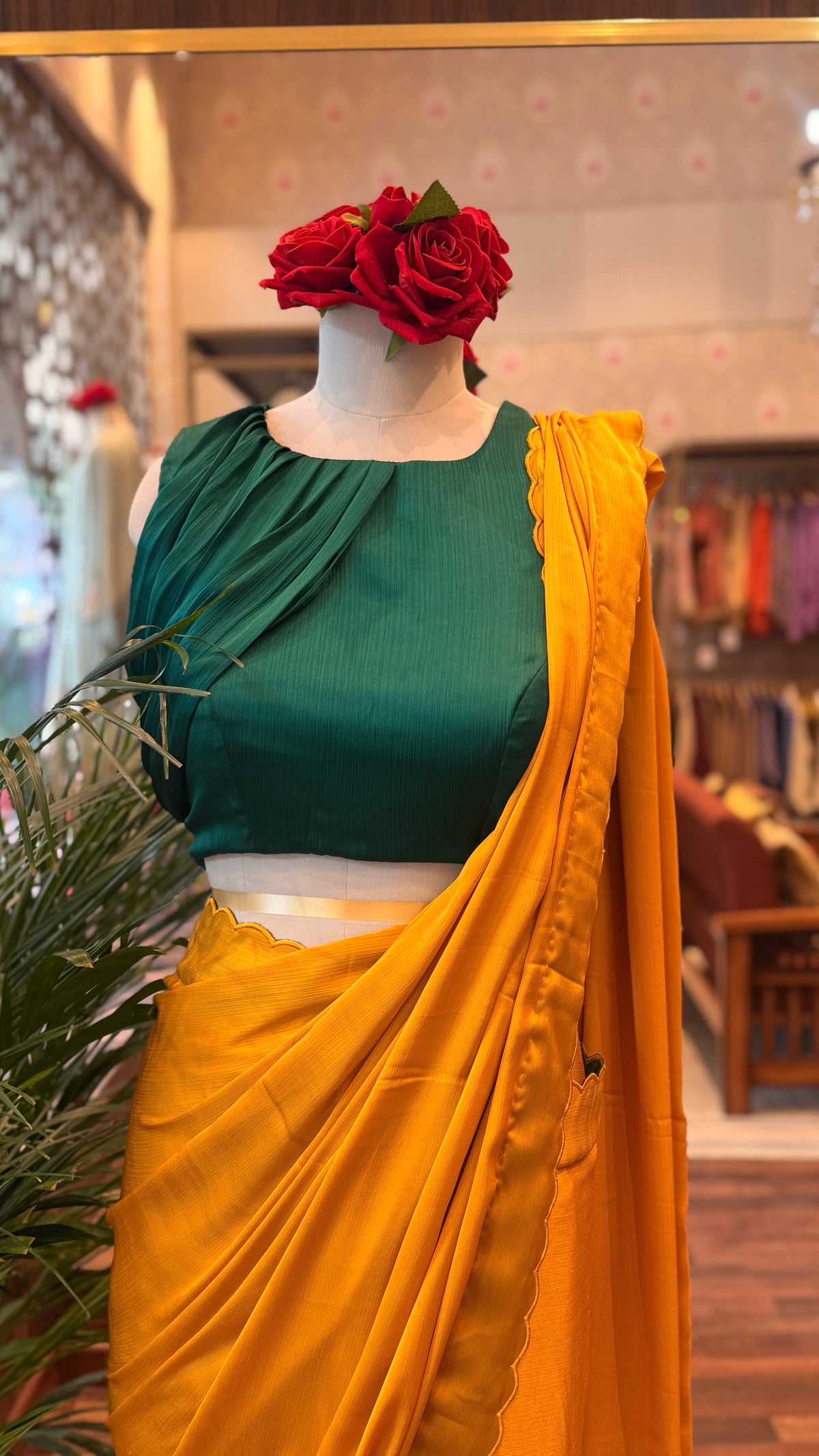 Mustard Chiffon Satin Saree with Green stylist Blouse