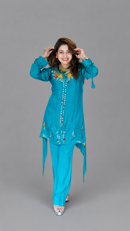 Teal Blue Floral Embroidered Kurta Set with Straight Pants | Premium Festive Ethnic Wear for Women