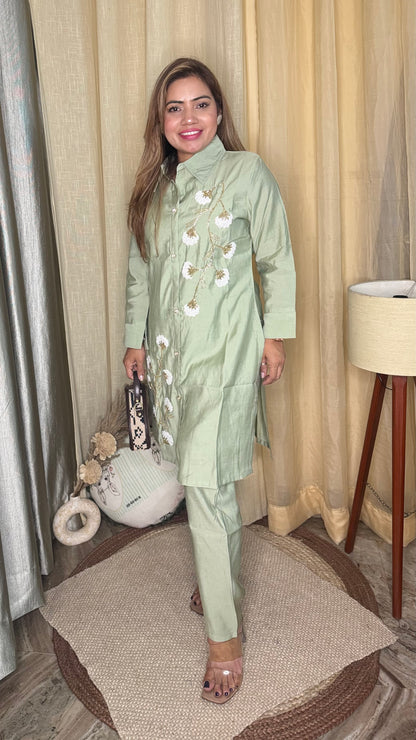 Pastel Green Embroidered Kurta co-ord Set