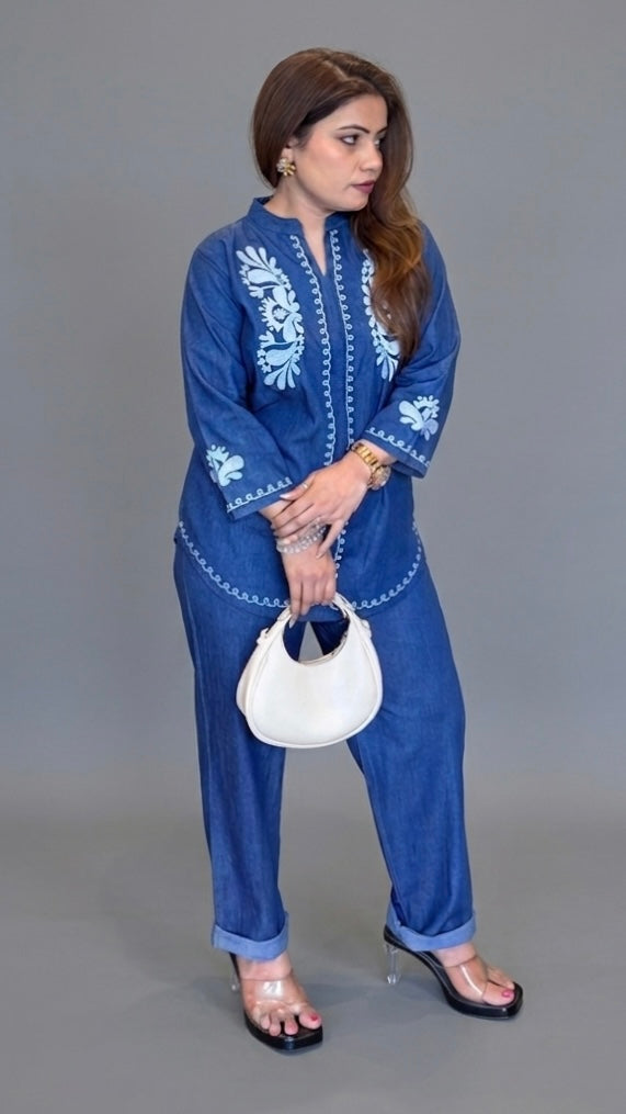Indigo Embroidered Denim Co-Ord Set | Artisanal Fusion Wear