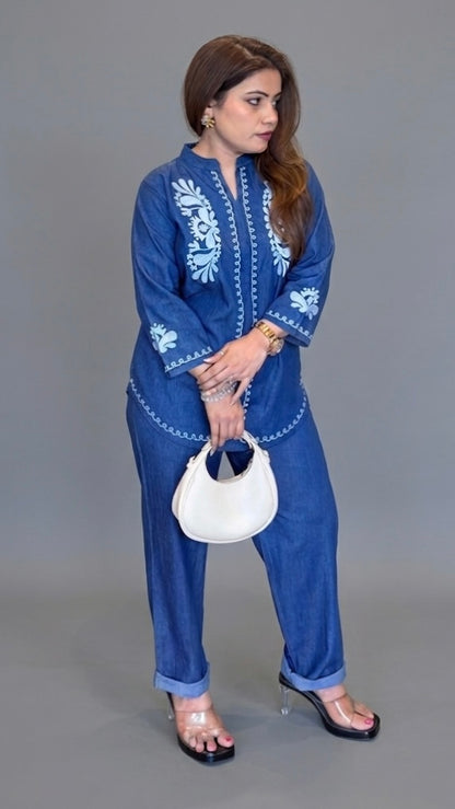 Indigo Embroidered Denim Co-Ord Set | Artisanal Fusion Wear