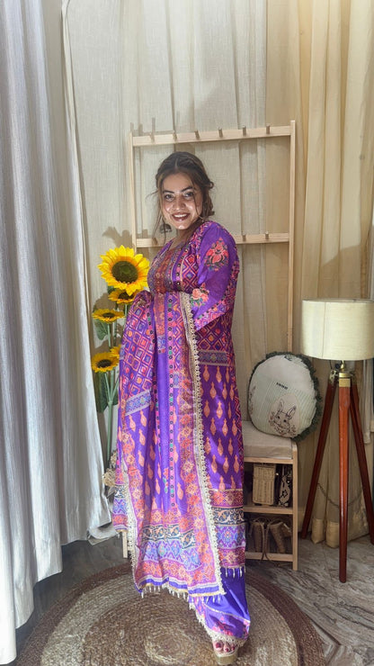 Royal Purple Printed Kurta Palazzo Set with Dupatta