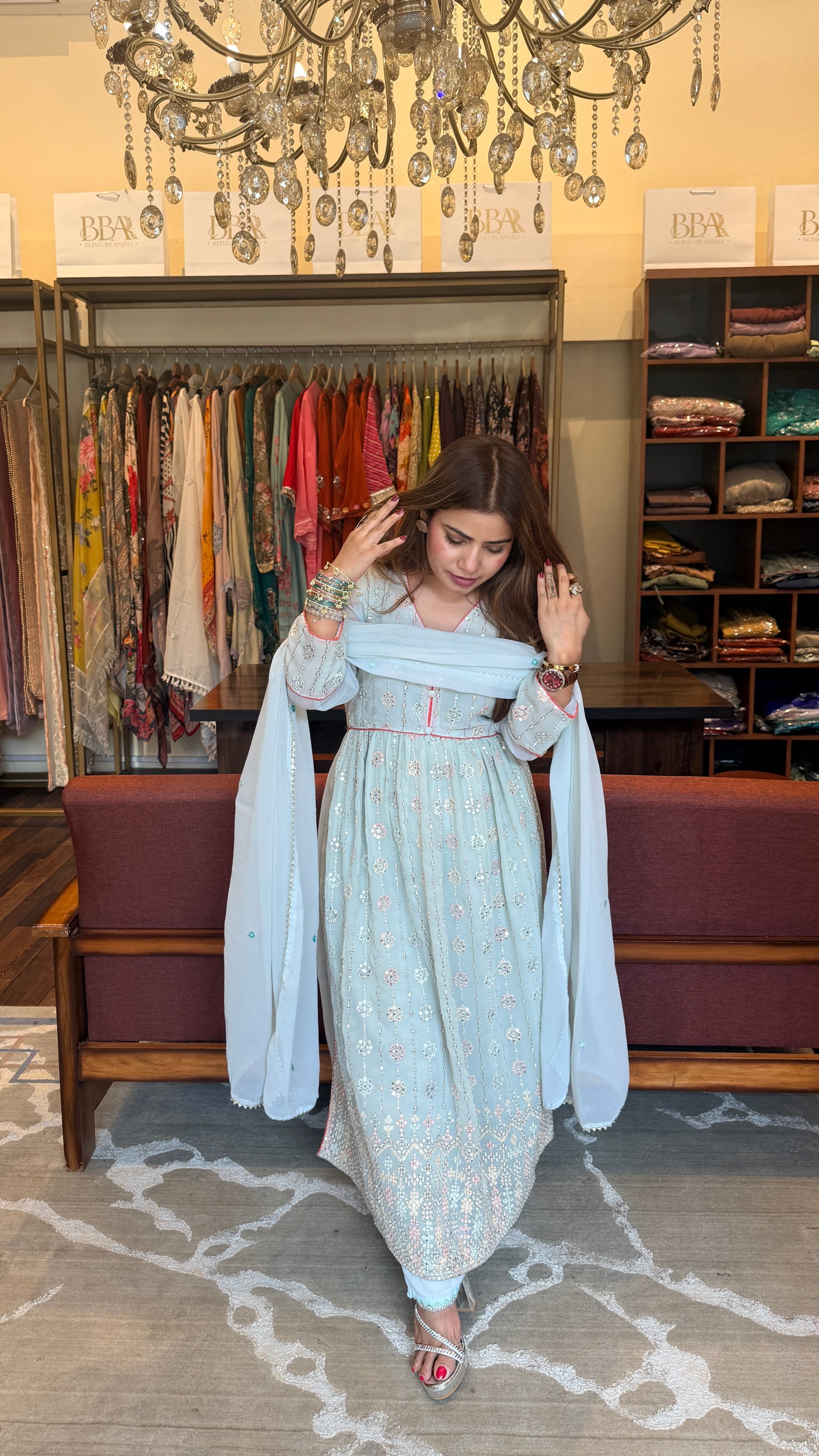 Sky Blue Embroidered Georgette  Suit Set