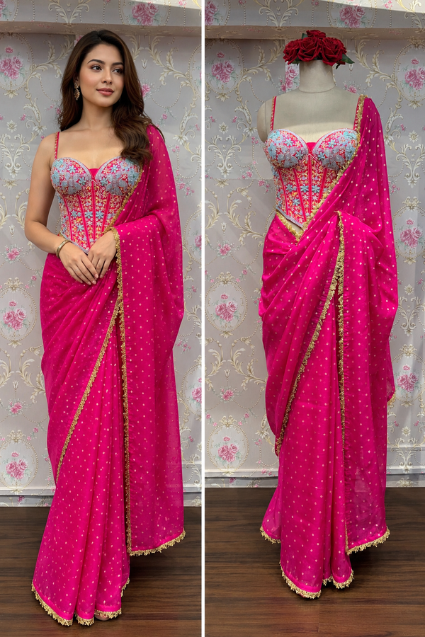 Hot Pink Pre-Draped Saree with Hand Embroidered Corset Blouse