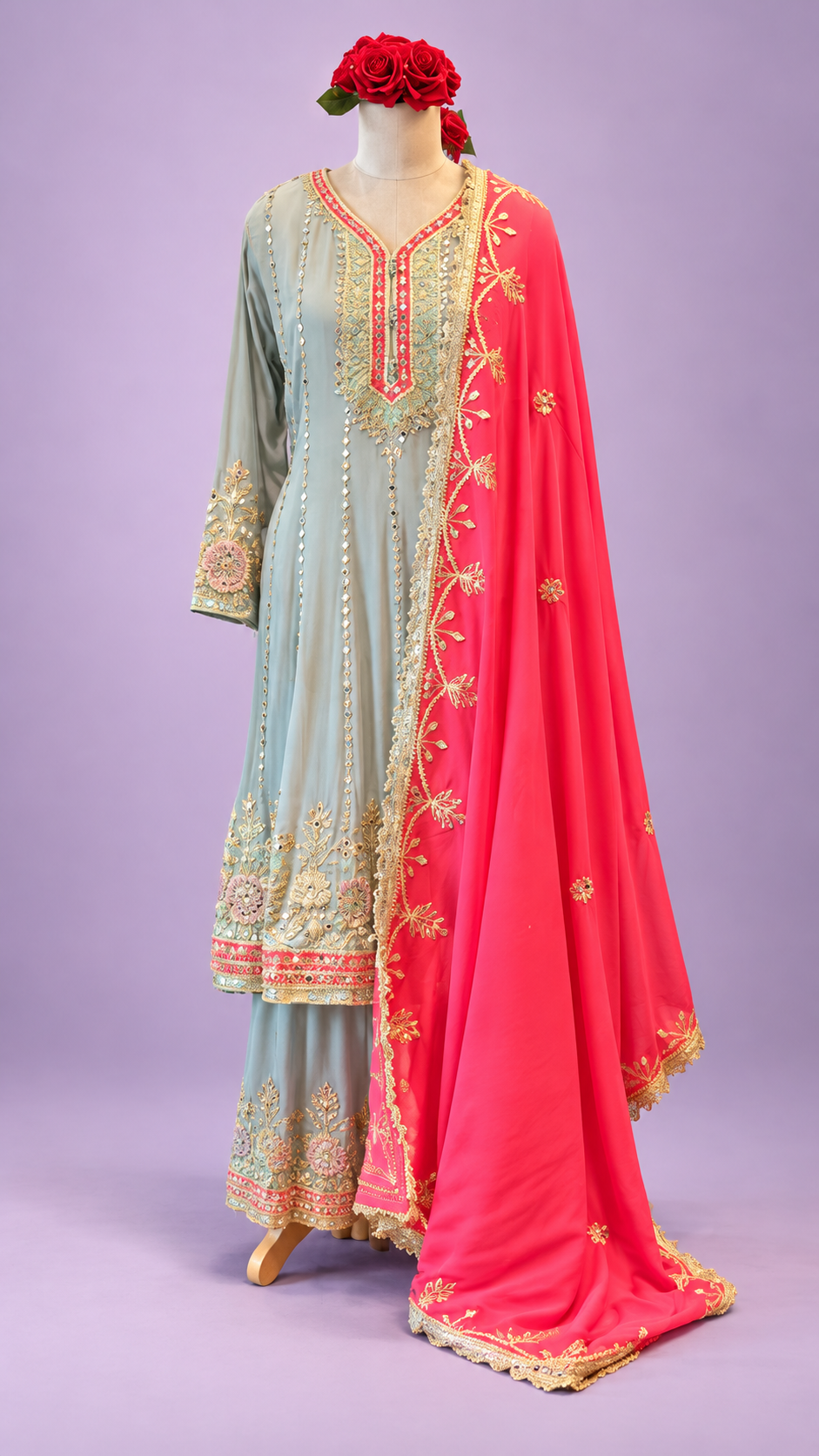 Sage Blue & Coral Pink Embroidered Festive Suit Set