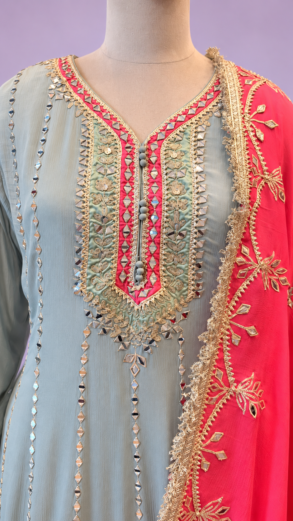 Sage Blue & Coral Pink Embroidered Festive Suit Set
