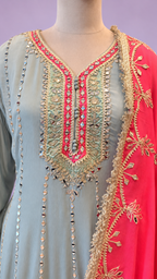 Sage Blue & Coral Pink Embroidered Festive Suit Set