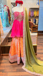 Pink and Orange Sharara Set with Embroidered Olive Dupatta