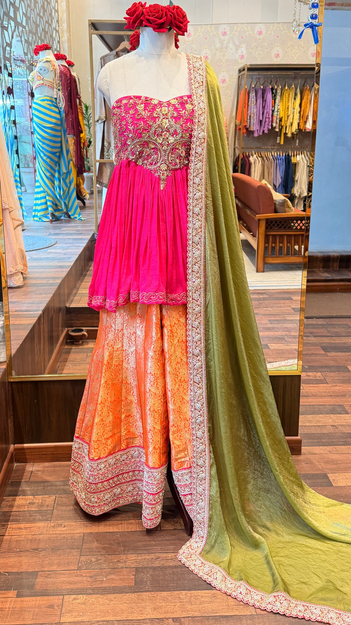 Pink and Orange Sharara Set with Embroidered Olive Dupatta