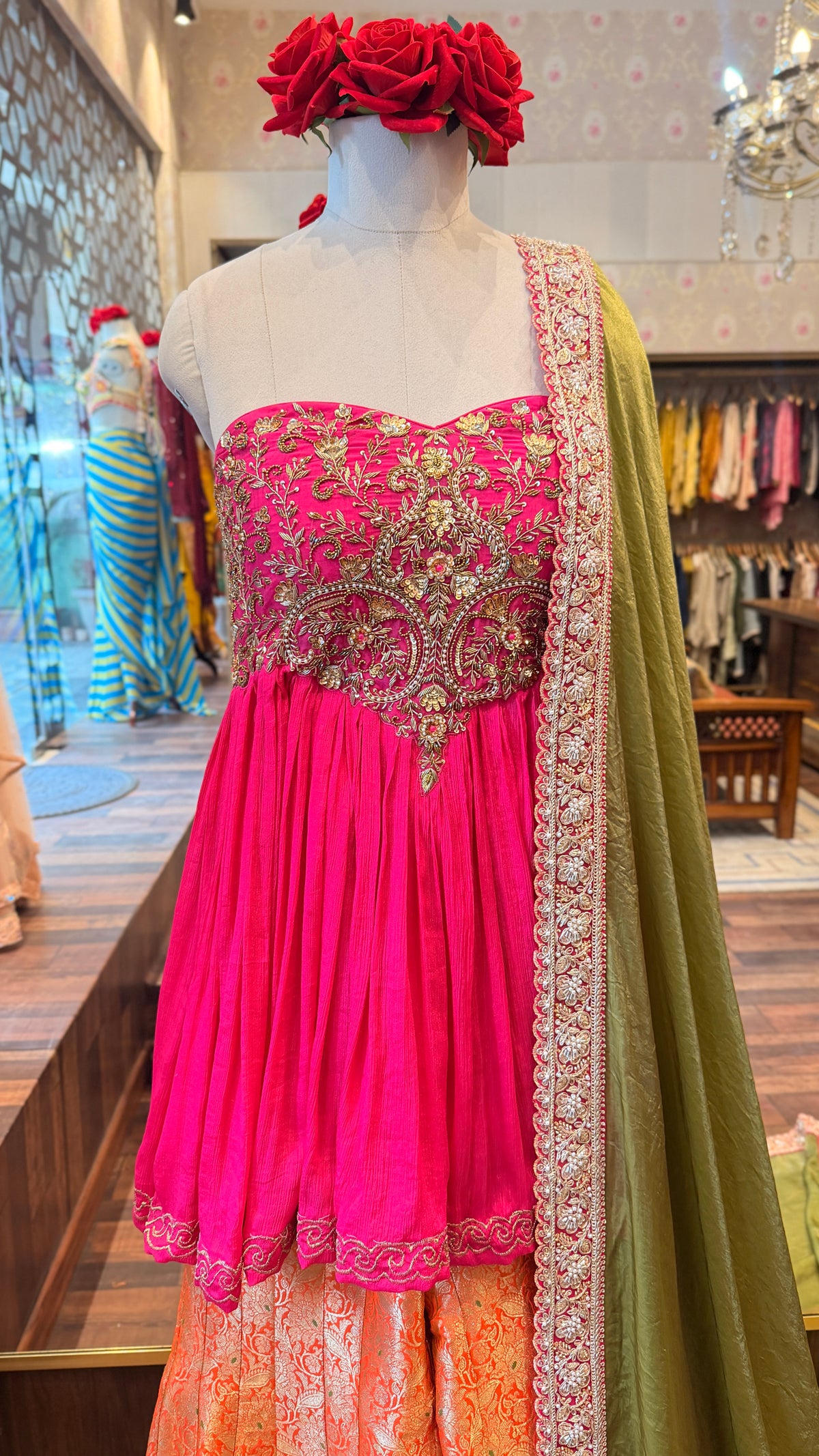 Pink and Orange Sharara Set with Embroidered Olive Dupatta