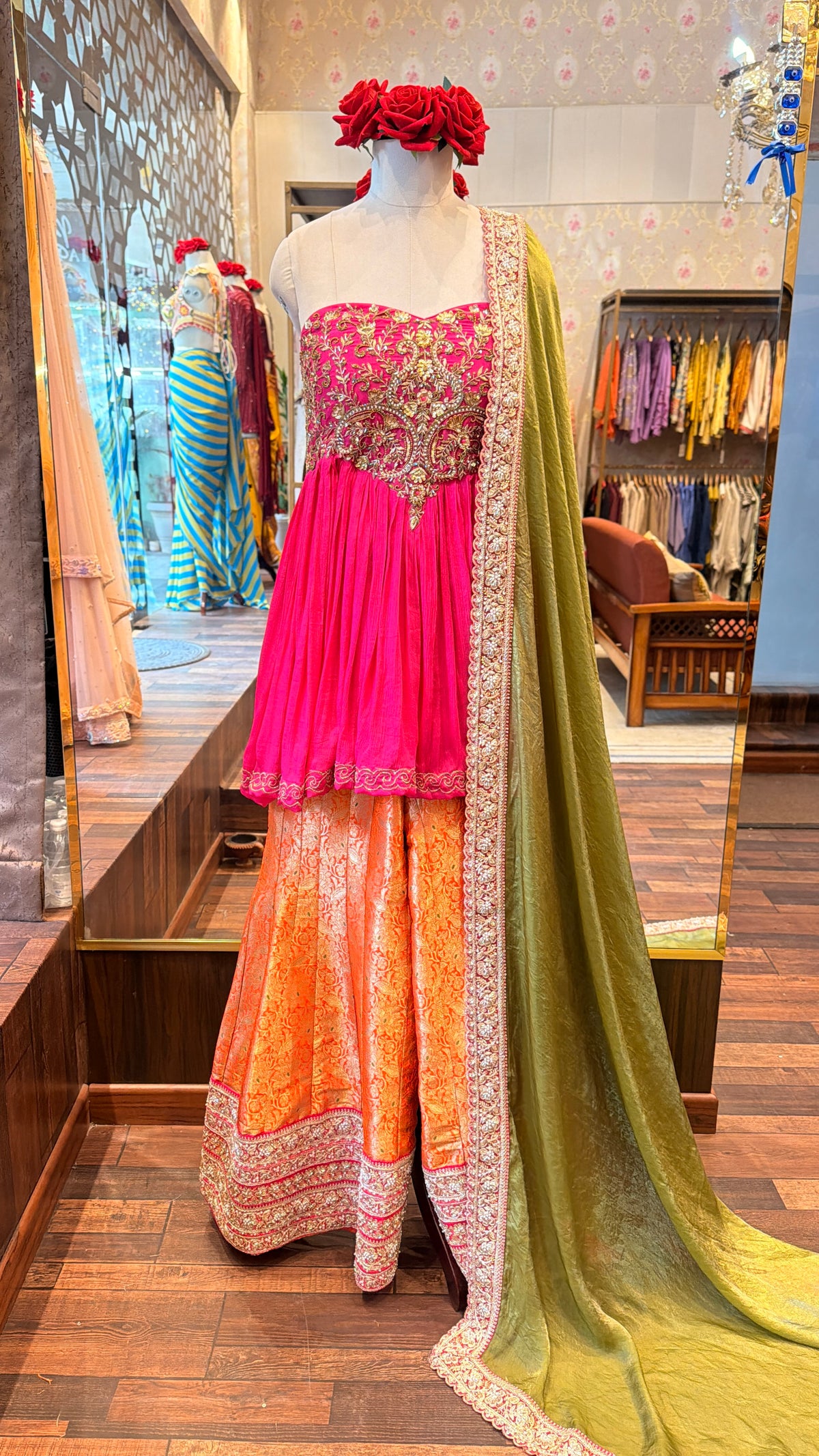 Pink and Orange Sharara Set with Embroidered Olive Dupatta