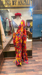 Scarlet Bloom Floral Chiffon Saree with Purple Scalloped Border
