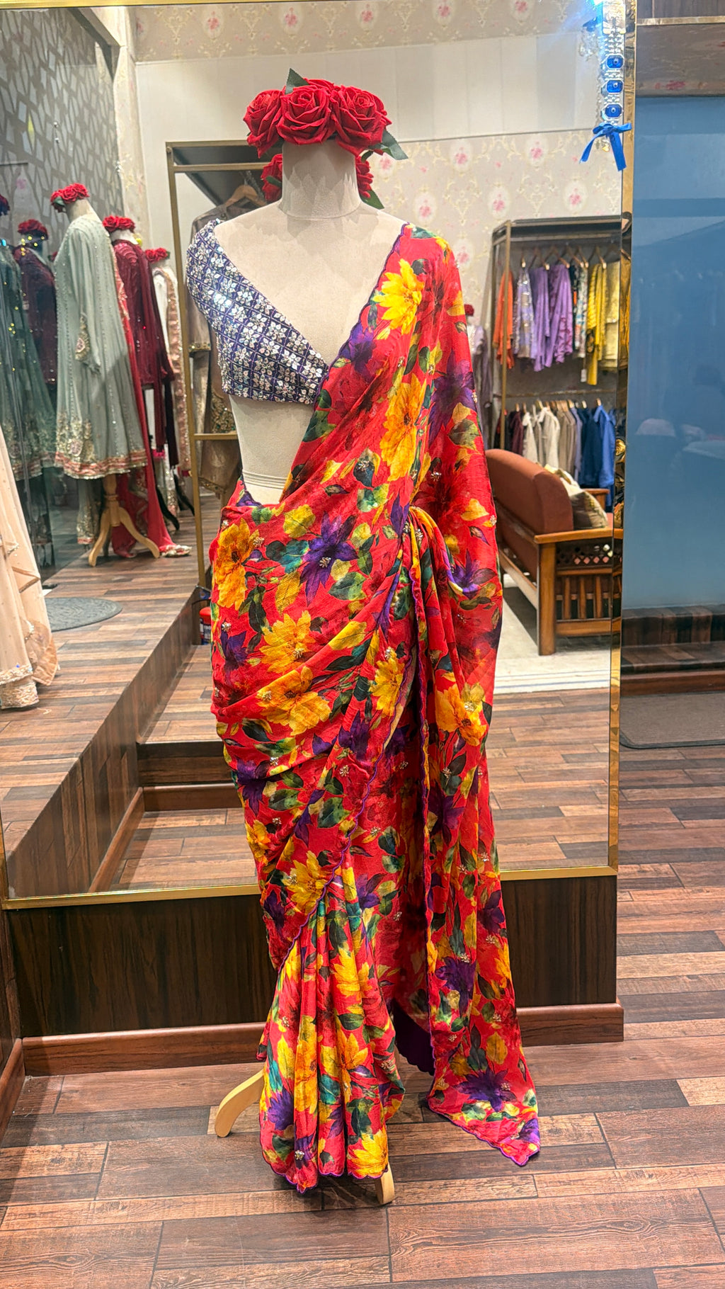 Scarlet Bloom Floral Chiffon Saree with Purple Scalloped Border
