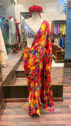 Scarlet Bloom Floral Chiffon Saree with Purple Scalloped Border