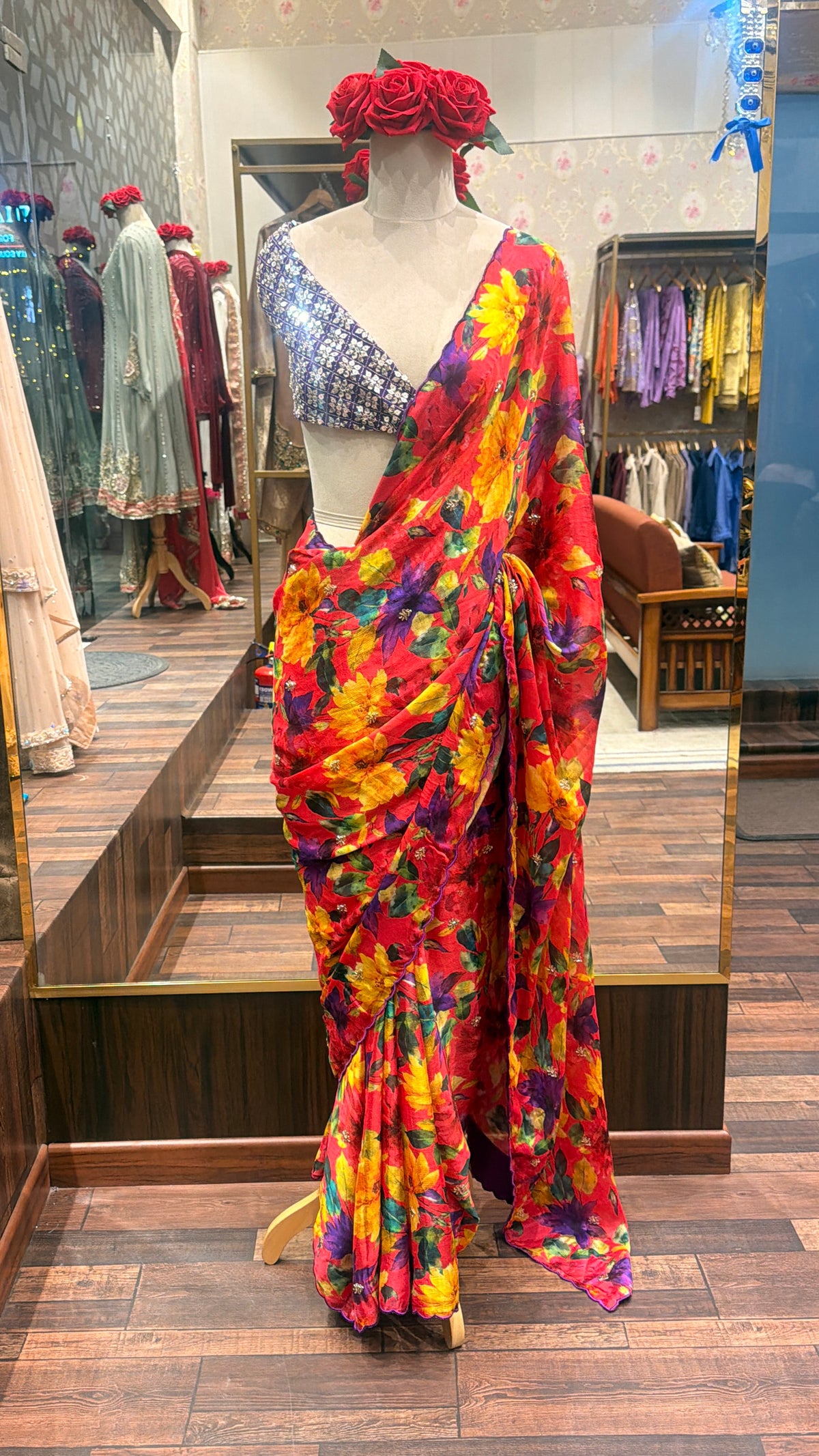 Scarlet Bloom Floral Chiffon Saree with Purple Scalloped Border