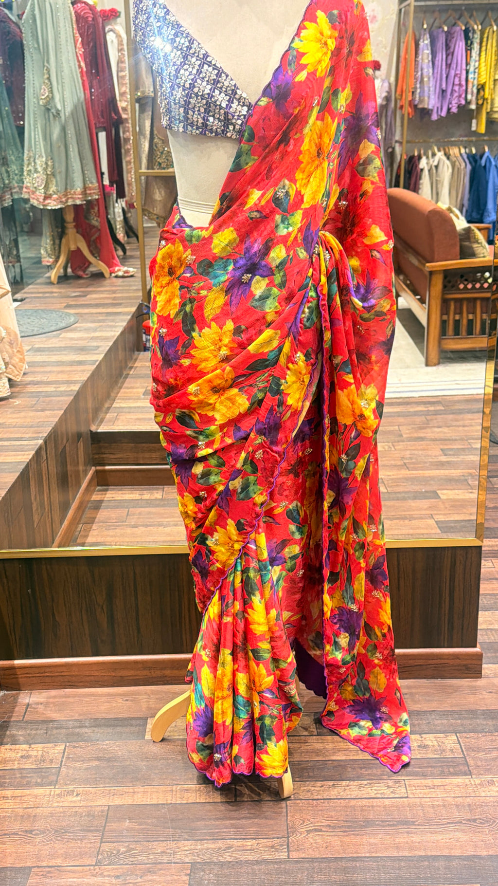 Scarlet Bloom Floral Chiffon Saree with Purple Scalloped Border