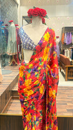 Scarlet Bloom Floral Chiffon Saree with Purple Scalloped Border