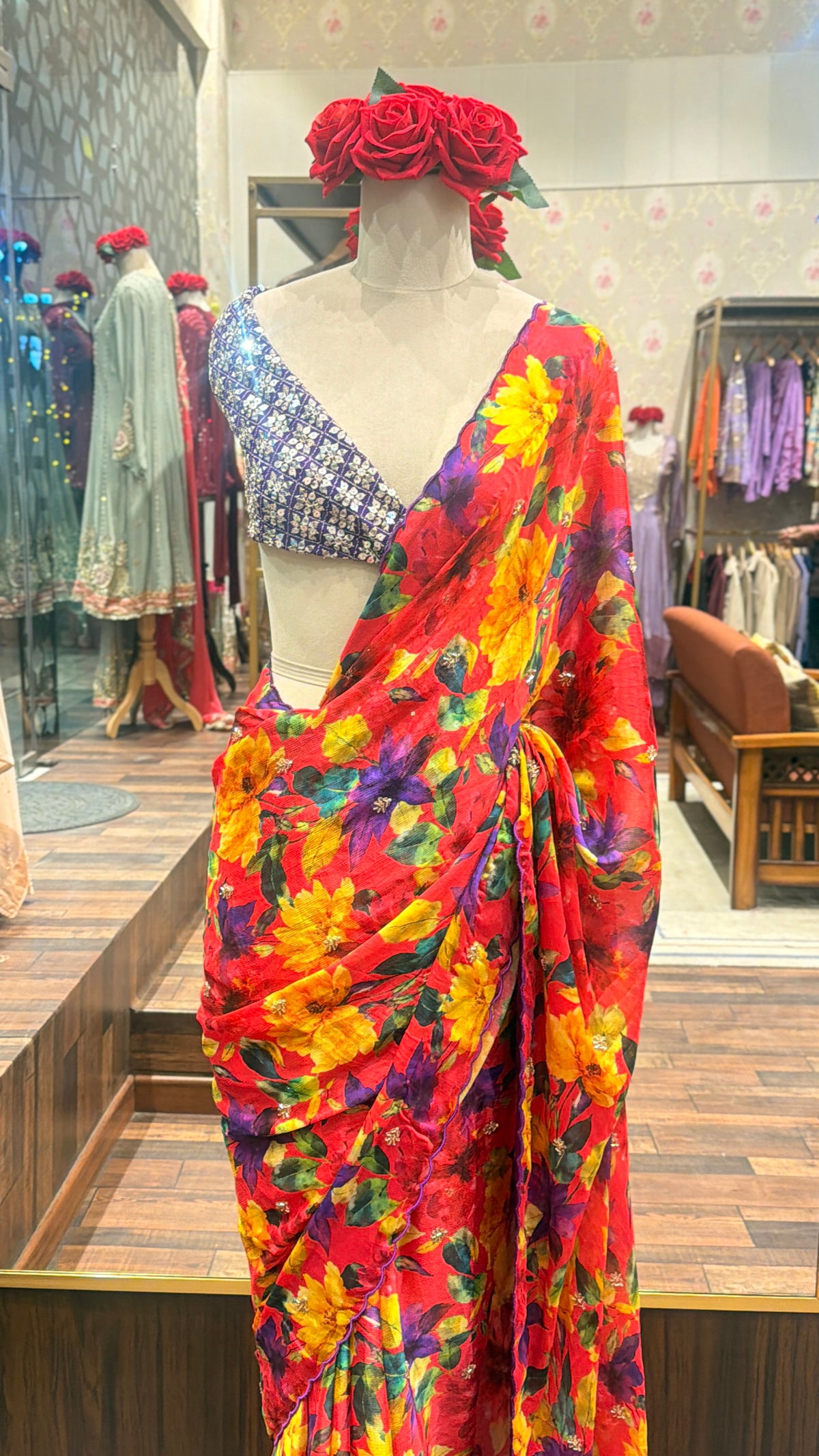 Scarlet Bloom Floral Chiffon Saree with Purple Scalloped Border