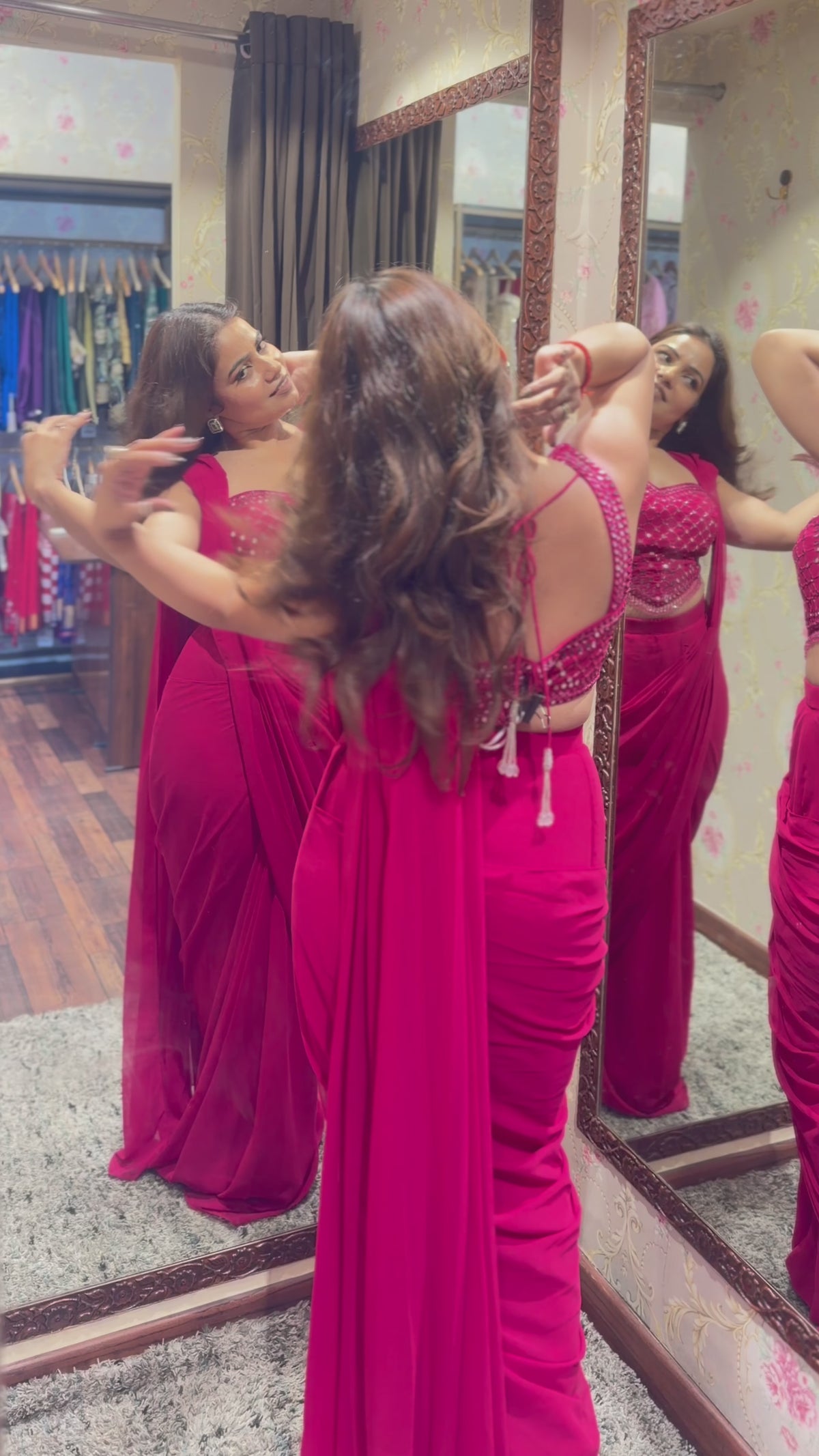 Luxury Fuchsia Pink Pre-Draped Saree